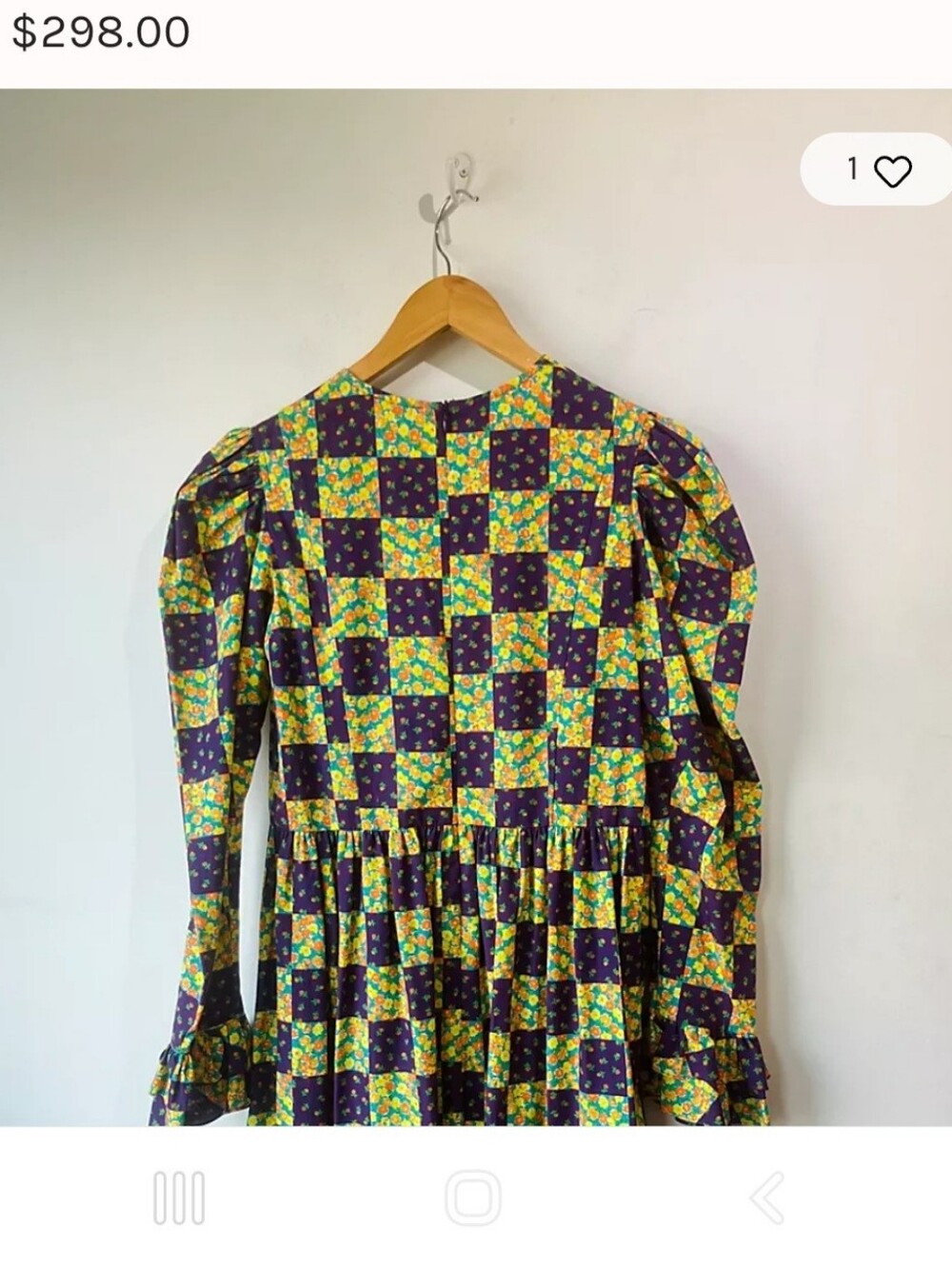 Batsheva Purple and Yellow Check Floral Long-Sleeve Midi Dress